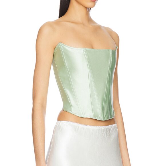 Rezek Studio Star Corset Wasabi Green Satin Strapless Crop Top - Picture 2 of 5